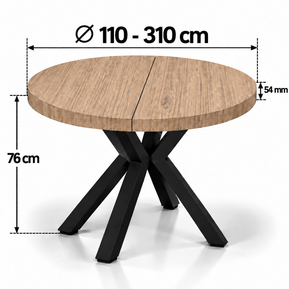ESSTISCH rund ausziehbar 110/310/76 cm, Braun Hikora Egger, 54 cm Tischplatte + X Metallbeine Schwarz - Eichefarben/Braun, Holzwerkstoff/Metall (110/310/76cm) - Damale Möbel
