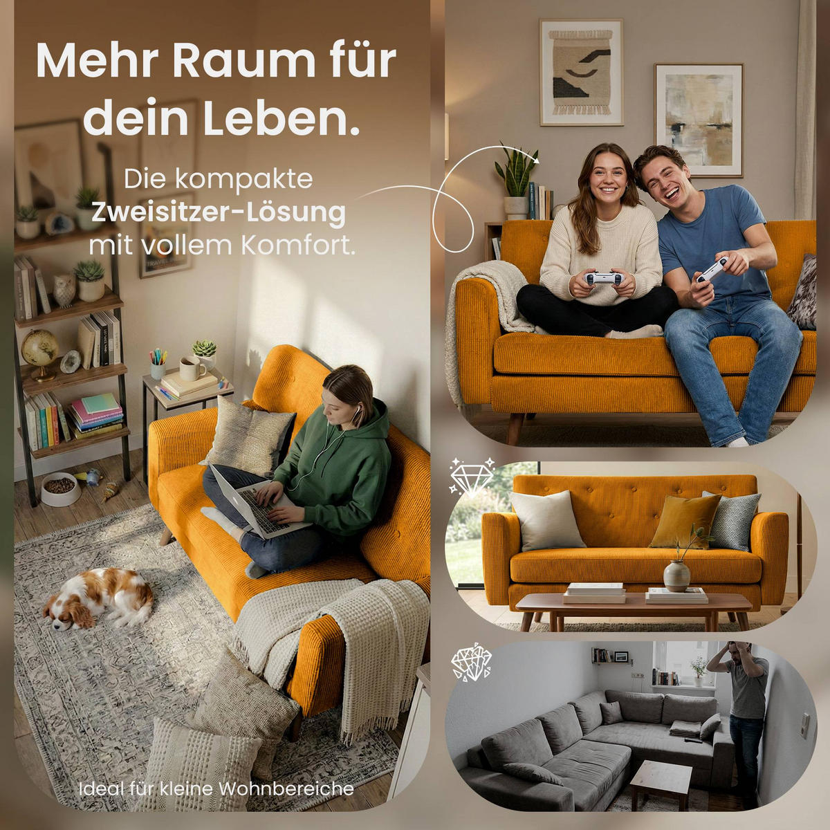 SOFA 120/74 cm Cord Orange - Braun/Orange, Holz/Textil (120/81/74cm) - CLP