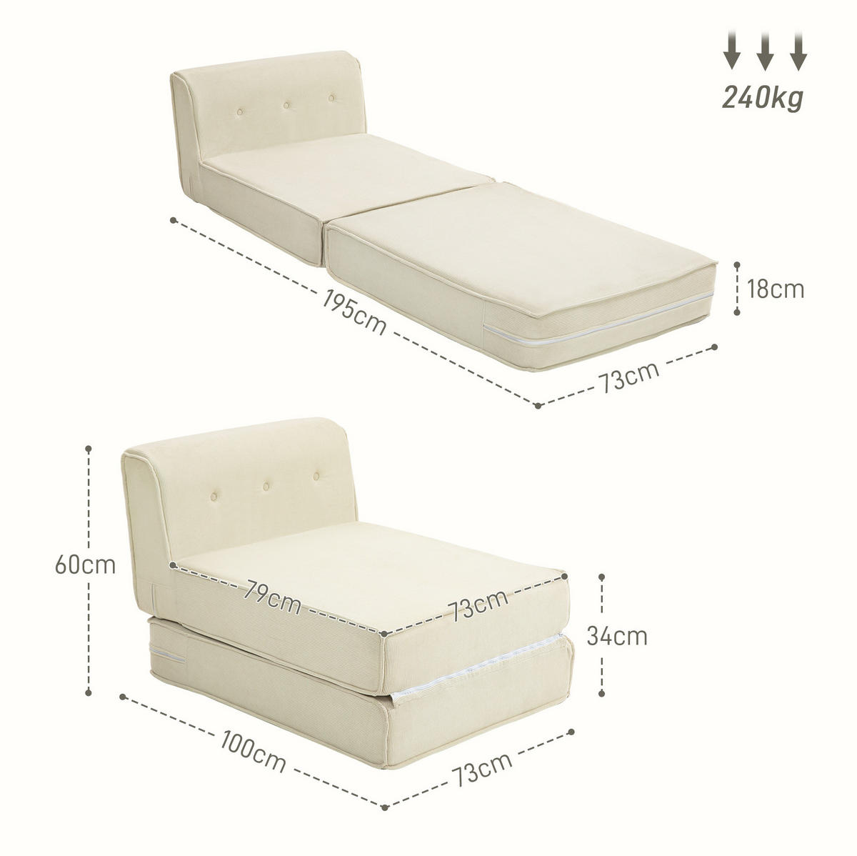 SCHLAFSESSEL 73/100/60 cm mit Liegefläche 73/195 cm – klappbar und platzsparend - Creme, Textil (73/60/100cm) - BEAOK