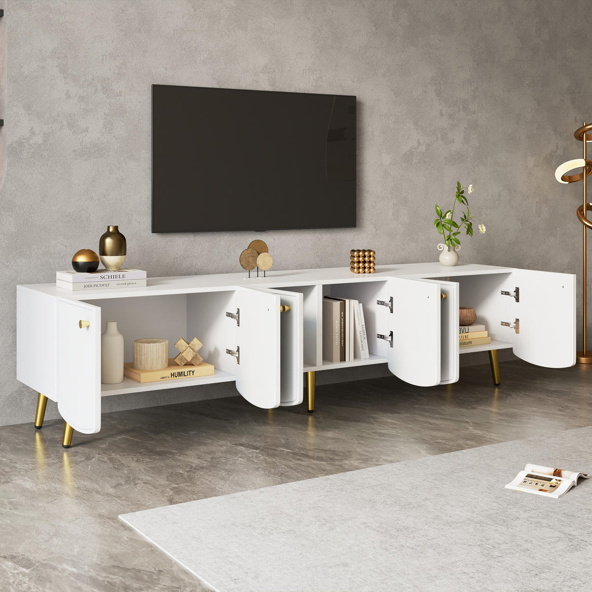 TV-LOWBOARD 180cm 6 Türen Gold Beine Weiß Modern - Multicolor, Holzwerkstoff (180/45/40cm) - FLIEKS