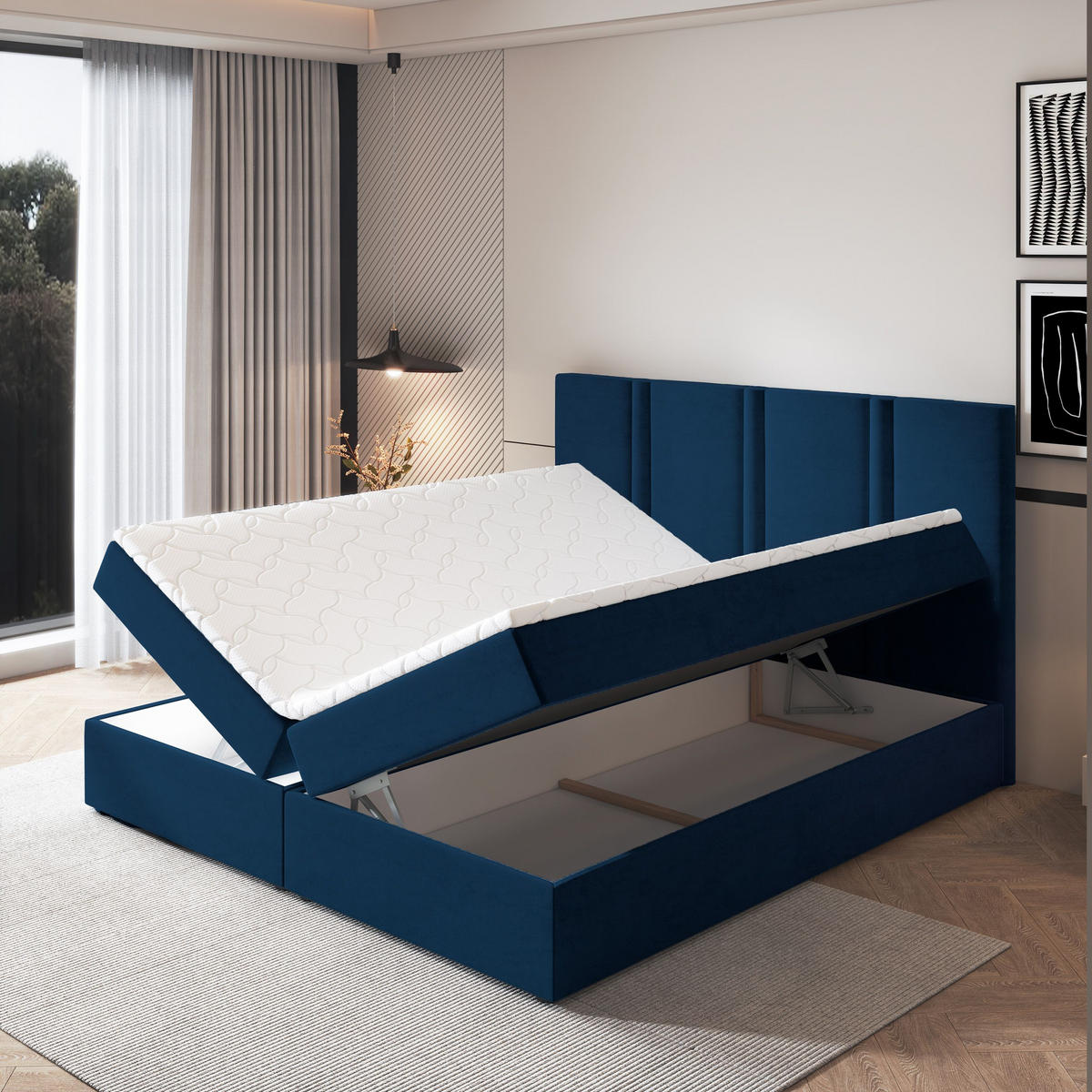 BOXBETT LARIO 160x200 cm mit Matratze und Topper - Blau - Blau, Holz (160/200cm) - MASSENO
