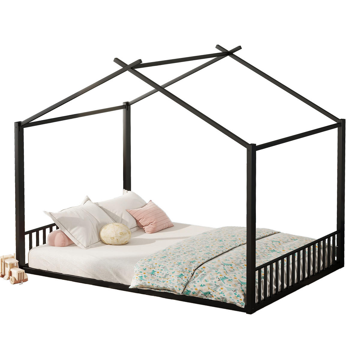 KINDERBETT 140/200 cm Schwarz Metallbett mit Hausform - Schwarz, Metall (140/200cm) - OKWISH