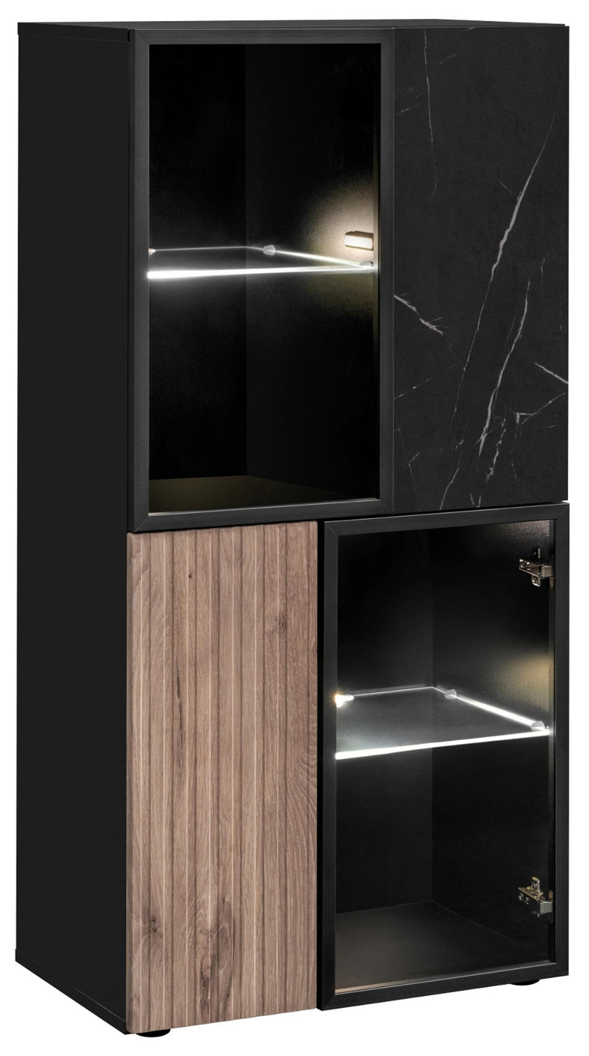 WOHNWAND Eiche, Marmor schwarz 300 cm, Anbauwand inklusive LED-Beleuchtung - Eichefarben/Schwarz, Glas/Holzwerkstoff (300/182/45cm) - Inn.Furn