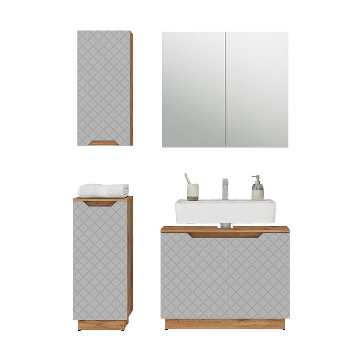 BADMÖBEL-SET Lotta Eiche/Grau mit Kachelstruktur 4 Teile - Eichefarben/Grau, Holzwerkstoff (79.6/62.1/32cm) - Vicco