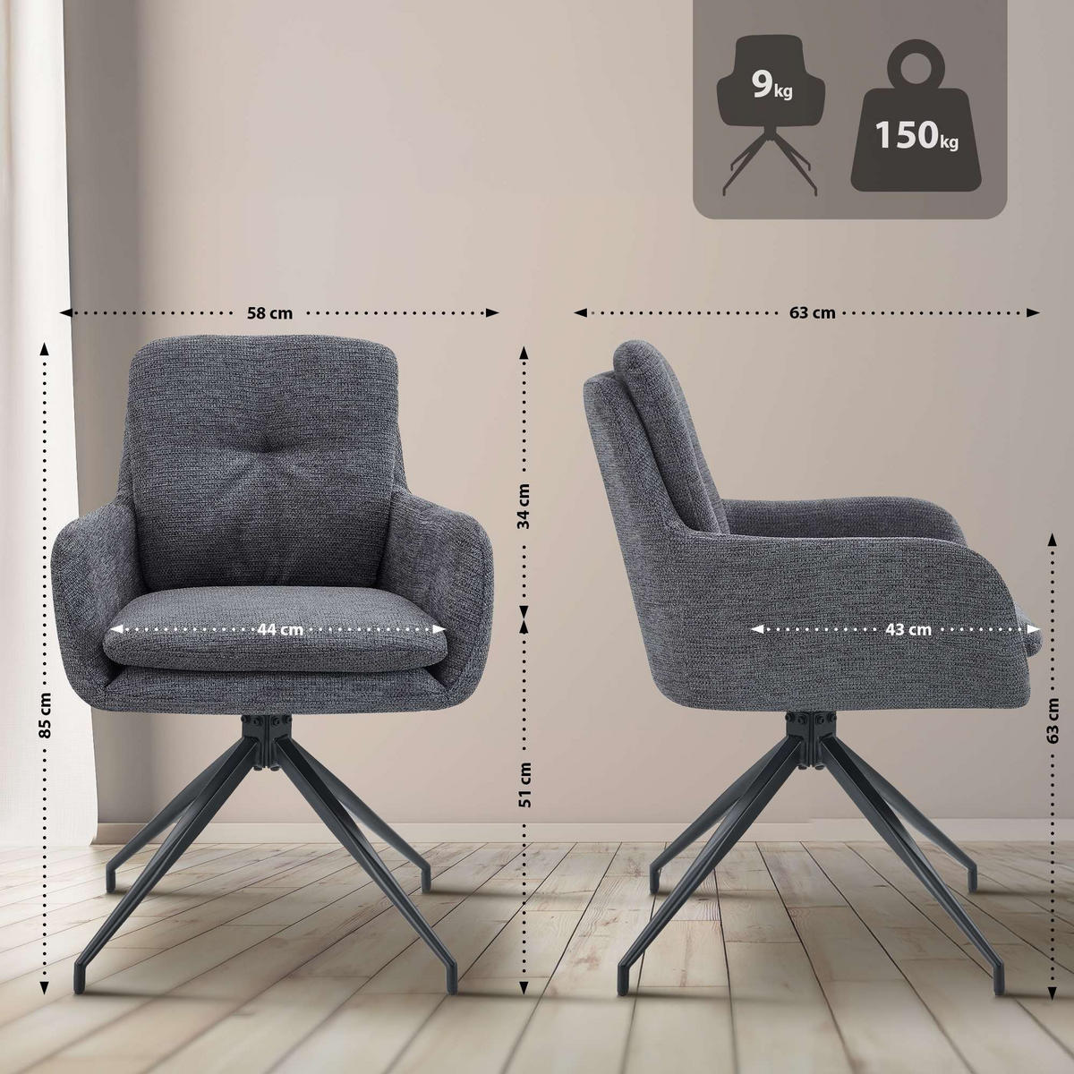 ESSZIMMERSTUHL Pickett 85x58x63 cm dunkelgrau - Dunkelgrau, Textil (58/85/63cm) - furnicato