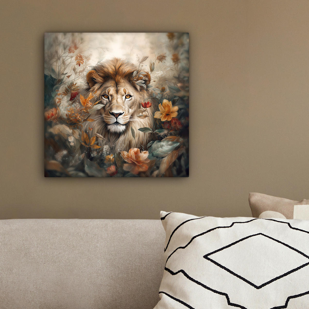 LEINWANDBILD Löwe - Wildtiere - Pflanzen - Natur - Blumen 20x20 cm - Beige, Textil (20/20cm) - MuchoWow