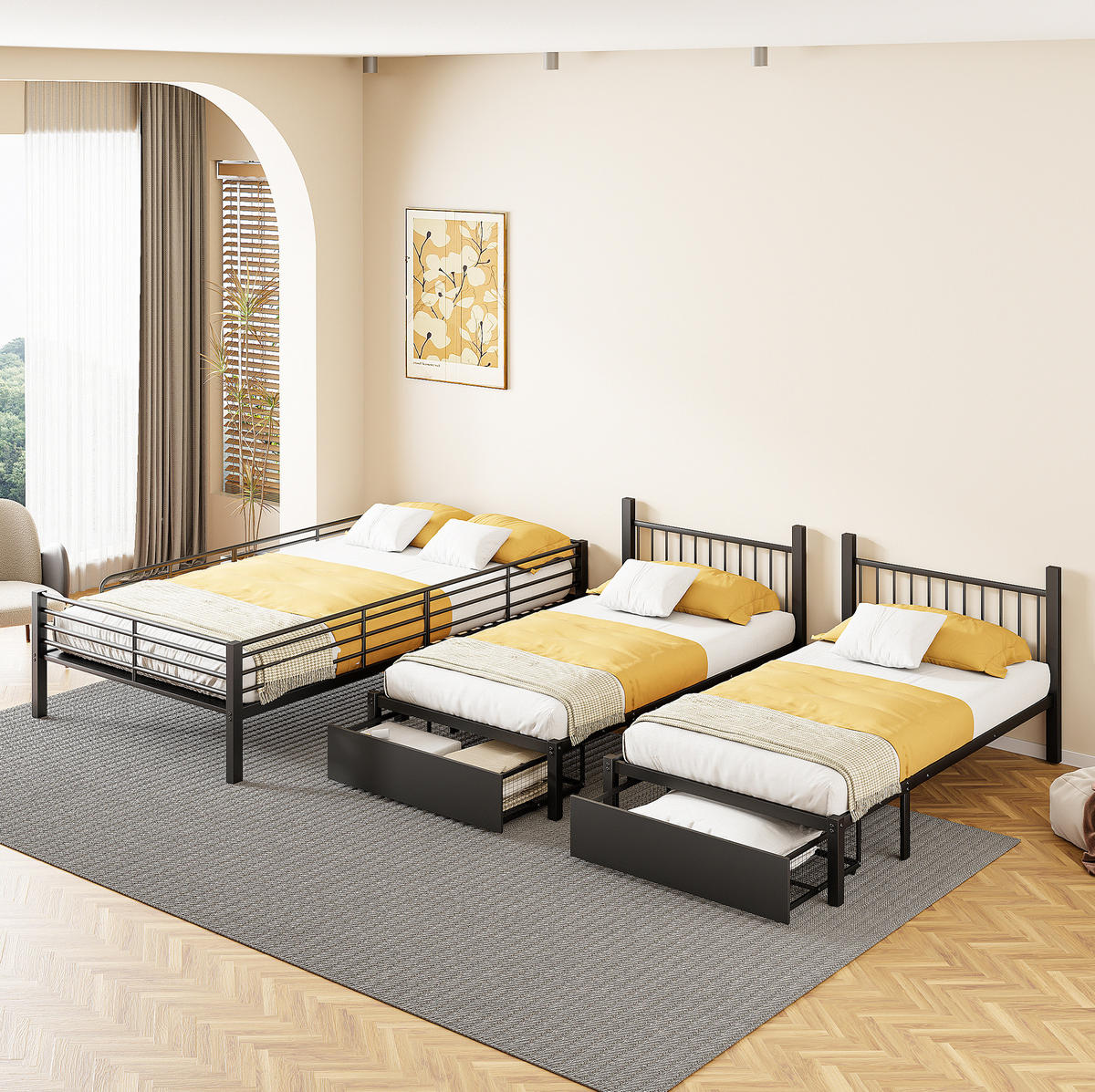 ETAGENBETT Kinderbette 140/200 und 2 x 90/200 cm aus Metall mit 2 Schubladen Schwarz - Schwarz, Metall (140/200cm) - Modenvie