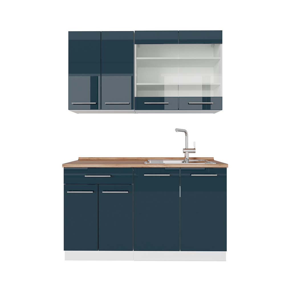 SINGLEKÜCHE Fame-Line Dunkelblau Hochglanz/Weiß 140 cm, AP Eiche - Dunkelblau/Weiß, Holzwerkstoff (140/81.6/60cm) - Vicco