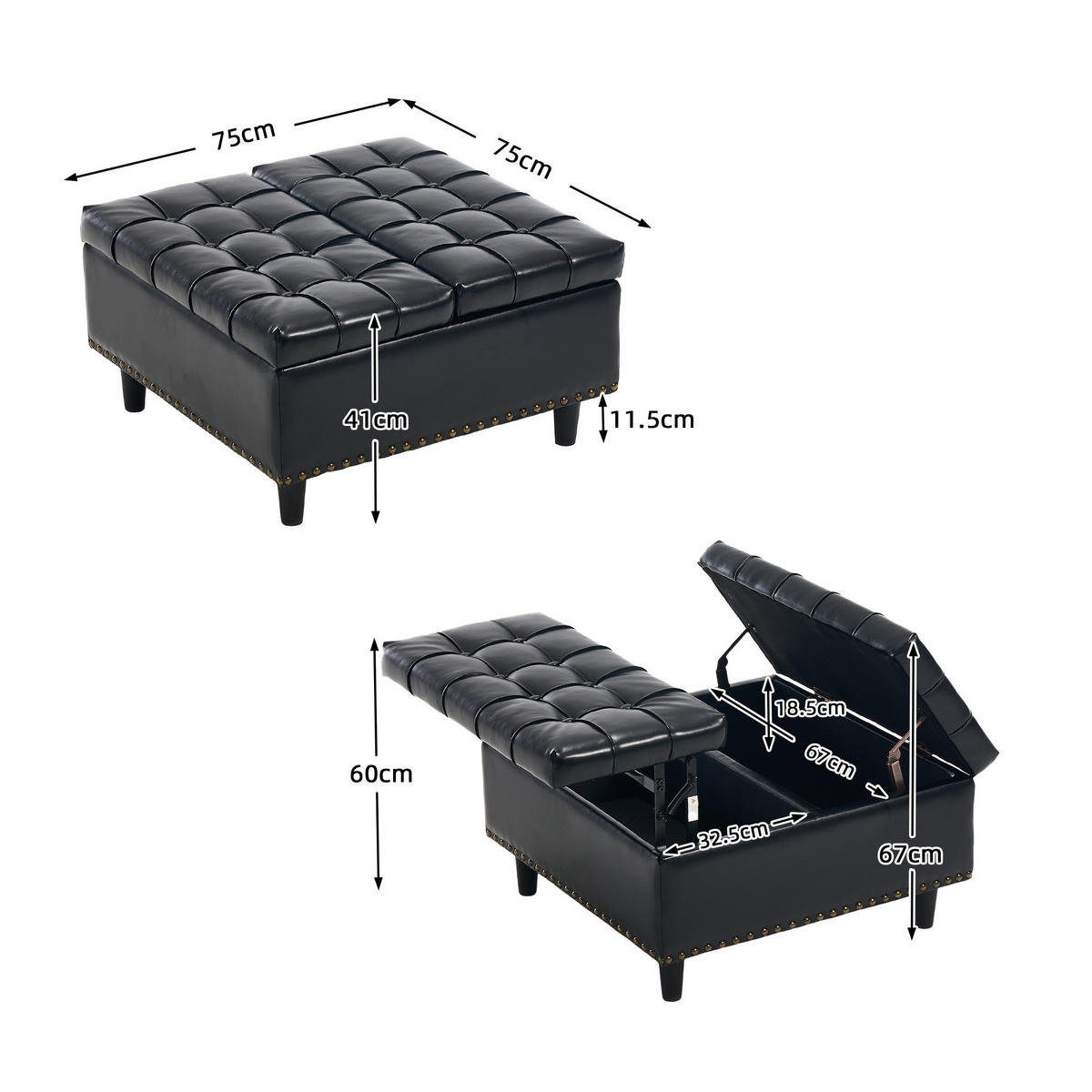 HOCKER Couchtisch,Aufbewahrungsstuhl,höhenverstellbar,PU-Leder,Schwarz - Schwarz, Metall (75/41/75cm) - LVHOM