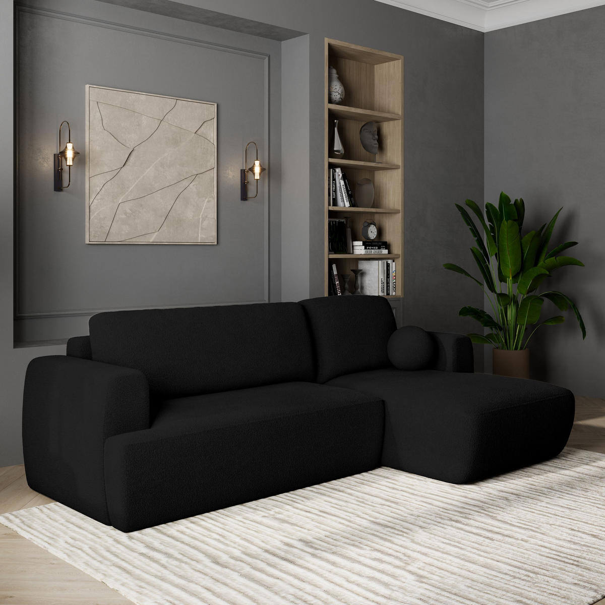 ECKSOFA SENTI N R-S Schwarz Boucle-Stoff mit Schlaffunktion - Schwarz, Holz (246/148cm) - MASSENO