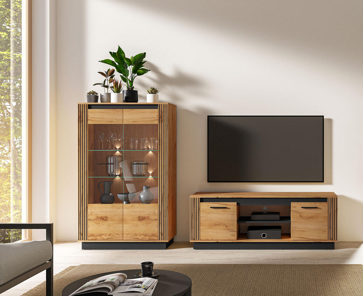 WOHNZIMMER-SET Urso 2-teilig Gold Craft Eiche / Schwarz - Eichefarben/Schwarz, Holz/Holzwerkstoff (242/141/40cm) - Feldmann-Wohnen