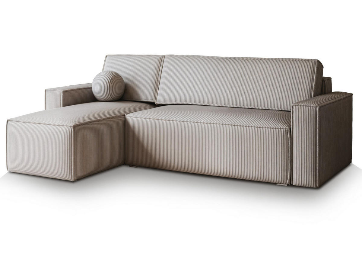 ECKSOFA RAVELO P Hellgrau Kordstoff mit Schlaffunktion - Hellgrau, Holz (240/140cm) - MASSENO
