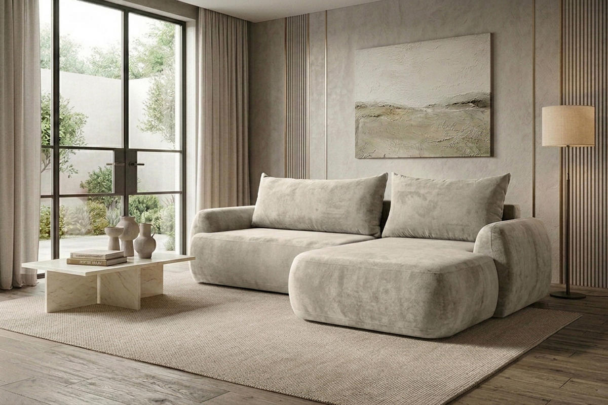 ECKSOFA Mit Schlaffunktion Und Bettkasten, Chenille-Stoff Perfecto, Beige, Rechts, HELA II - Beige, Holz (280/184cm) - Kaiser Möbel