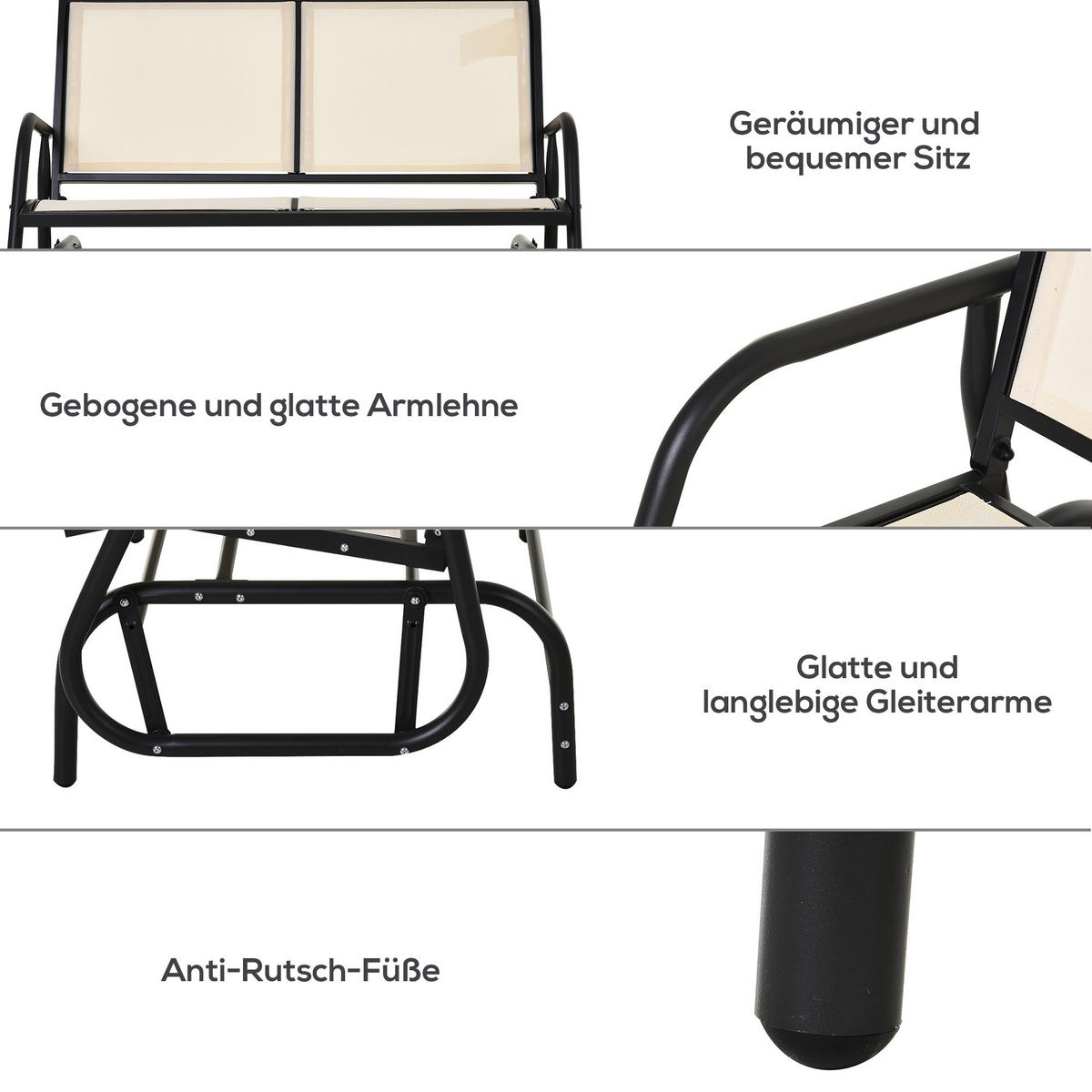 SCHAUKELSTUHL,2-SITZER; Metall, Schwarz+Beige, 120 x 70 x 85 cm - Beige, Metall (70/85/120cm) - Outsunny