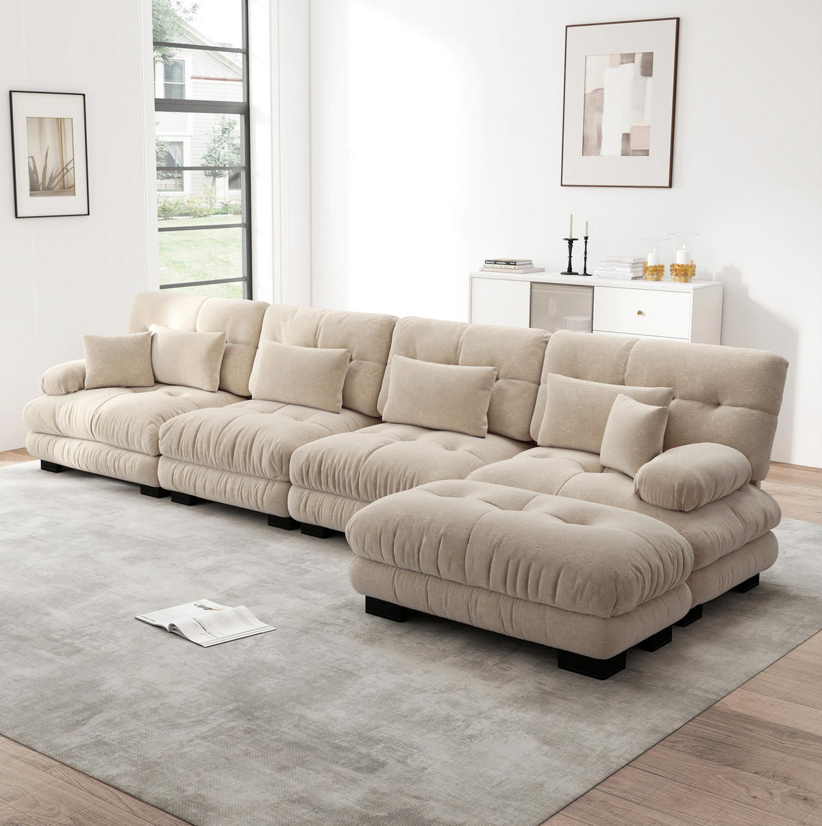 ECKSOFA in Hellbraun aus Chenille mit beweglichem Ottoman und Cloud-Komfort - Cappuccino, Textil (145/406cm) - Flora Grace