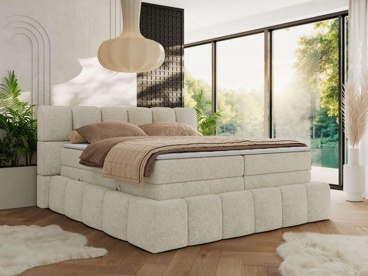 BOXSPRINGBETT NIRA KING 200/200 Creme Strukture - H4 - Creme, Holz/Textil (200/200cm) - MKS
