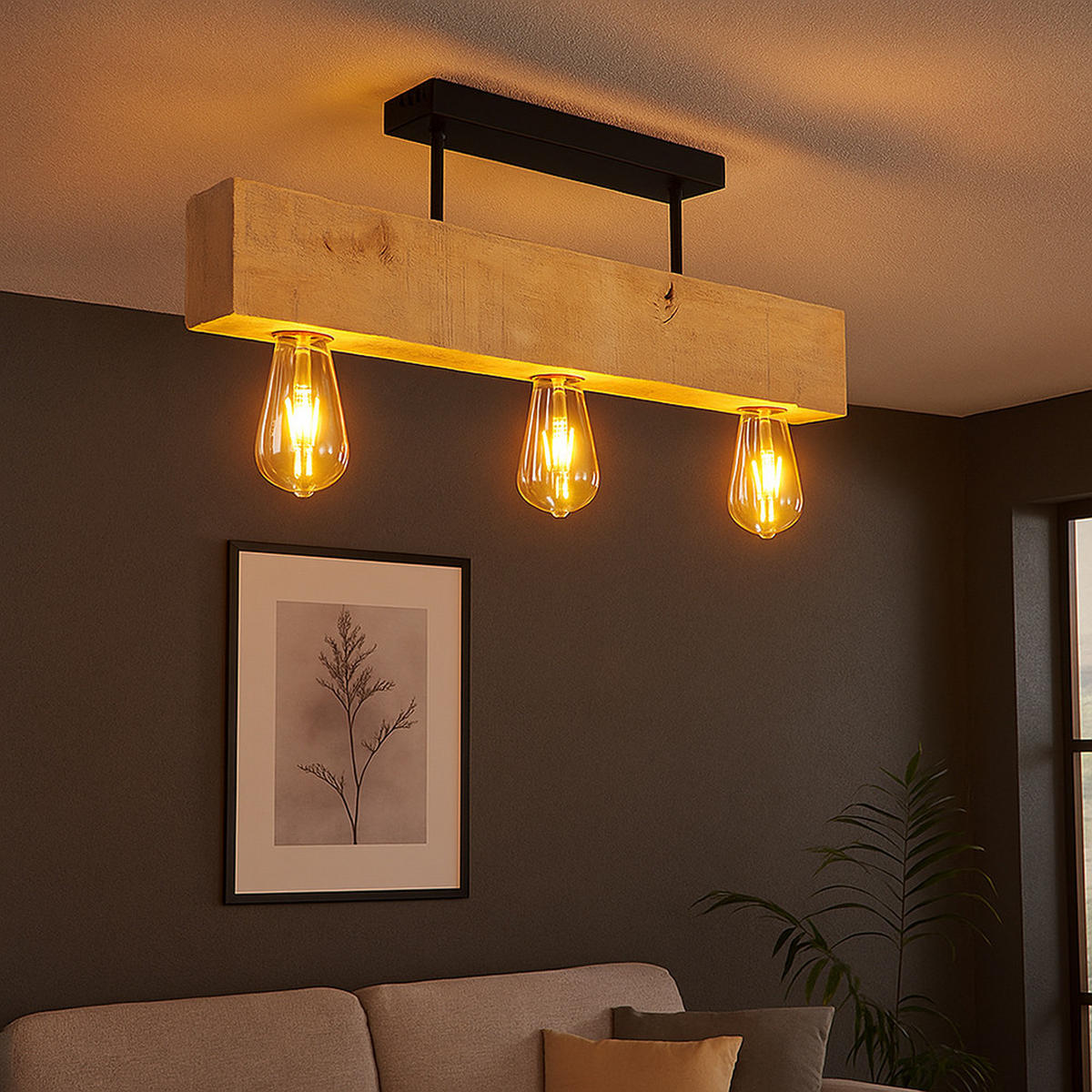 3 FLAMMIGE HÄNGELEUCHTE Metall Holz Braun - Braun, Holz (60/6/19cm) - Globo Lighting