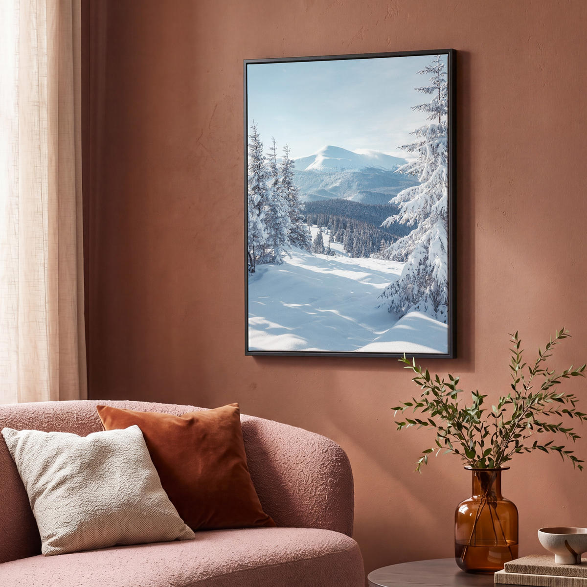 LEINWAND Bilder mit Rahmen - Winterlandschaft - Natur - Berge - Bäume - Schnee - 70x100 - Hellblau, Textil (70/100cm) - MuchoWow
