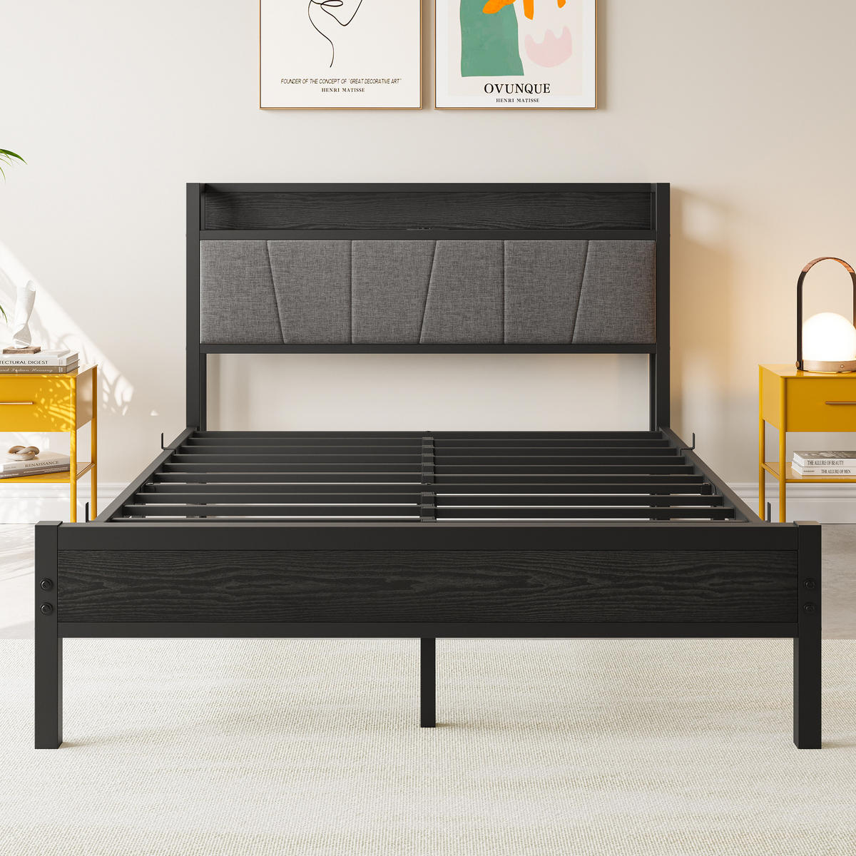 METALLBETT 140/200 mit Matratze und Gepolstertes Kopfteil Jugendbett mit Steckdose, 27 cm Bodenfreiheit - Schwarz/Grau, Holzwerkstoff/Textil (140/200cm) - STILVORA