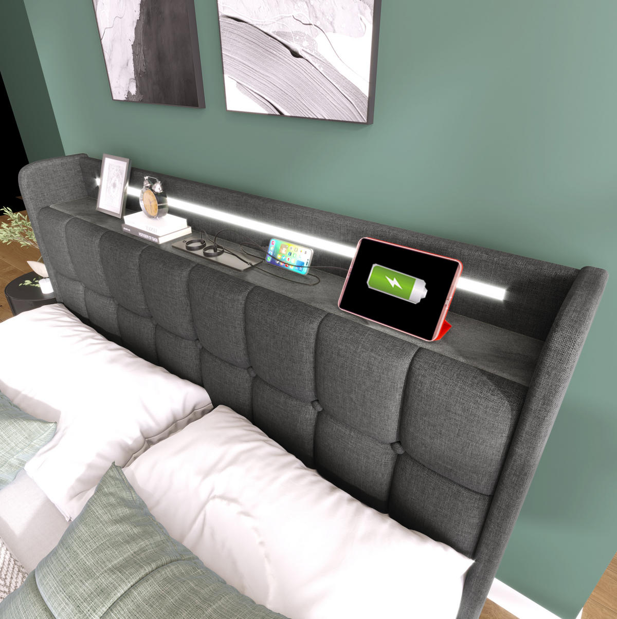 POLSTERBETT 160/200 cm Grau aus Holz mit LED-Beleuchtung - Grau, Holz (160/200cm) - OKMYHOME