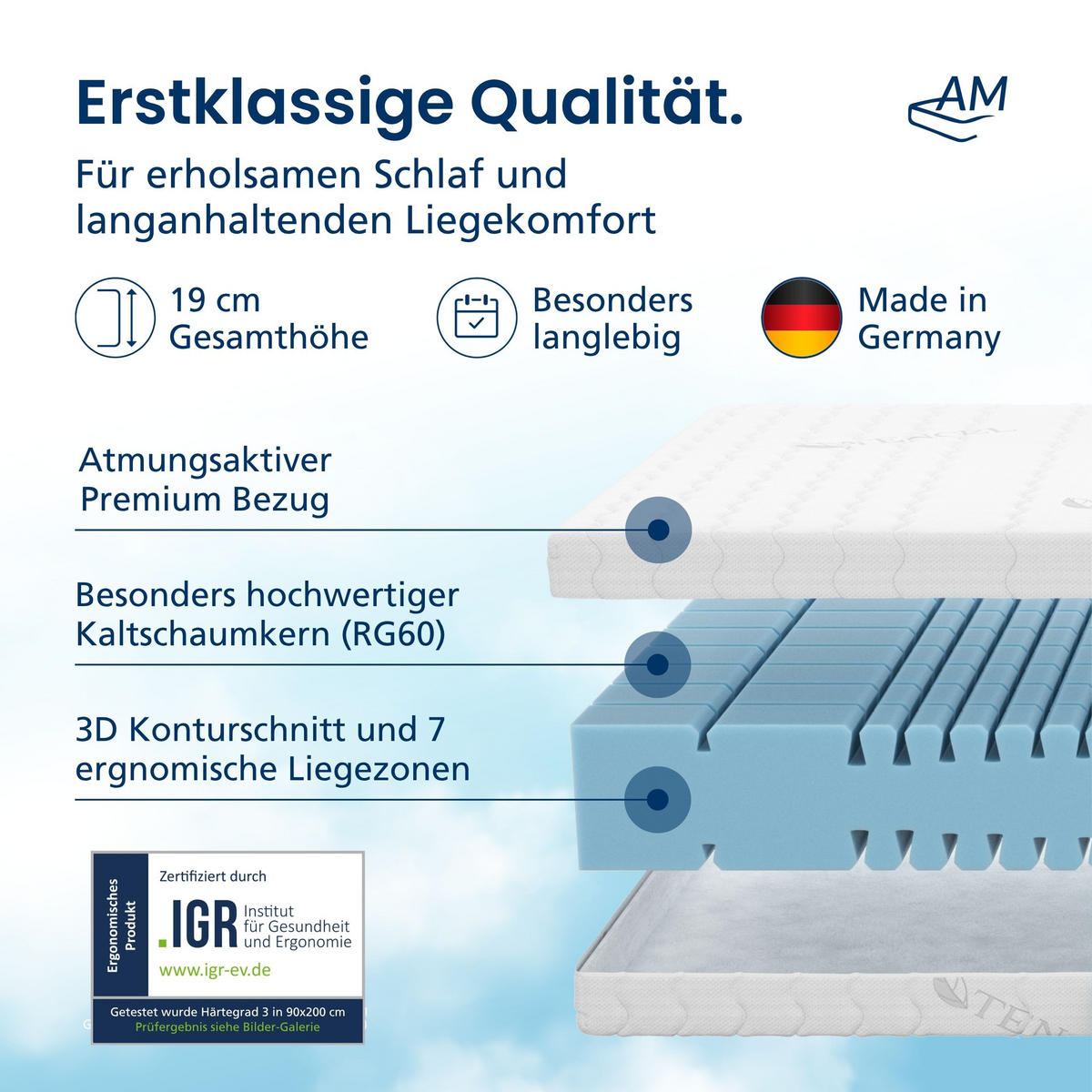 KALTSCHAUMMATRATZE 90/200 cm H3 - 19cm Höhe & Tencel Bezug - Weiß, Textil (90/200cm) - AM Qualitätsmatratzen