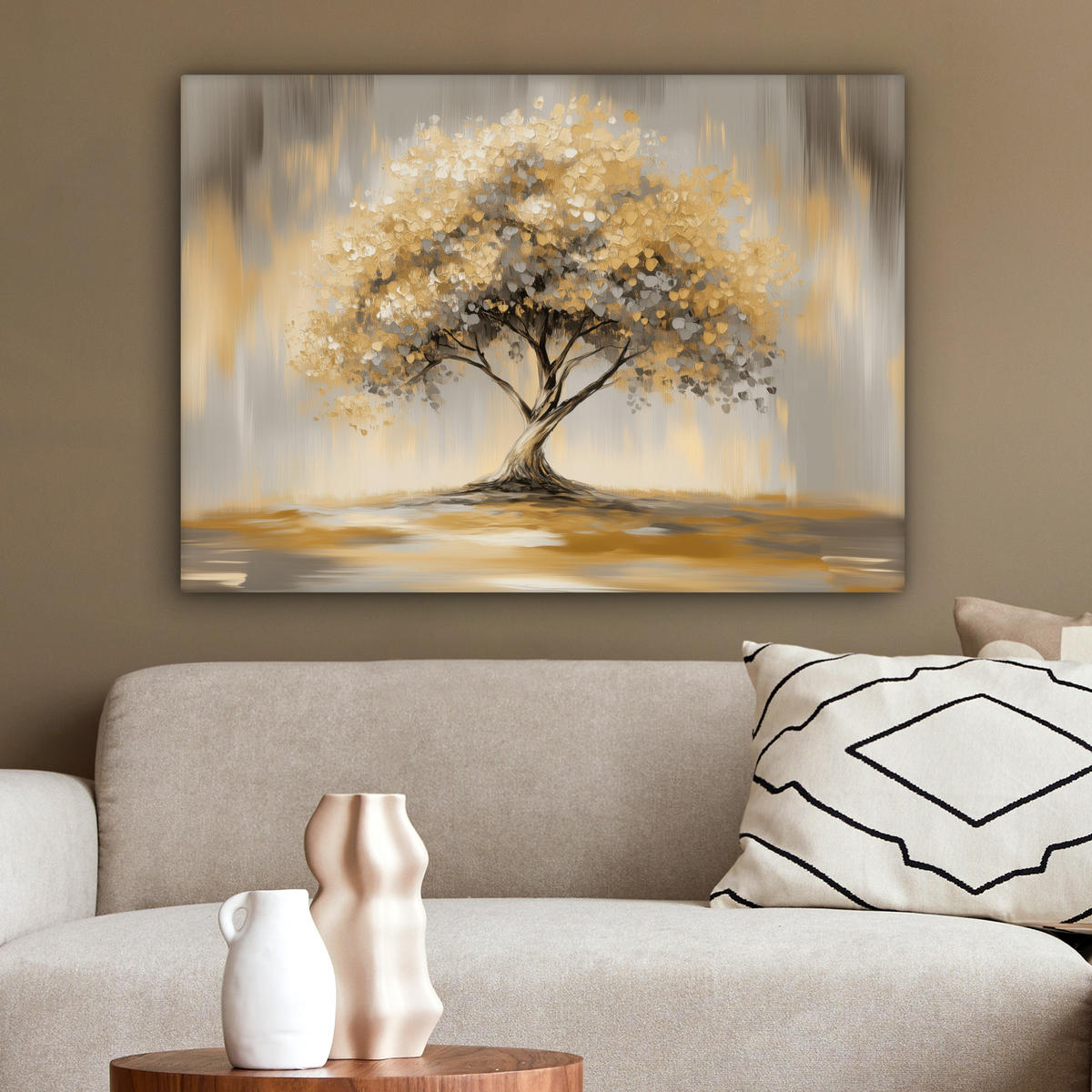 LEINWANDBILD Gemälde - Baum - Abstrakt - Blätter Wandbilder 80x60 cm - Beige, Textil (80/60cm) - MuchoWow