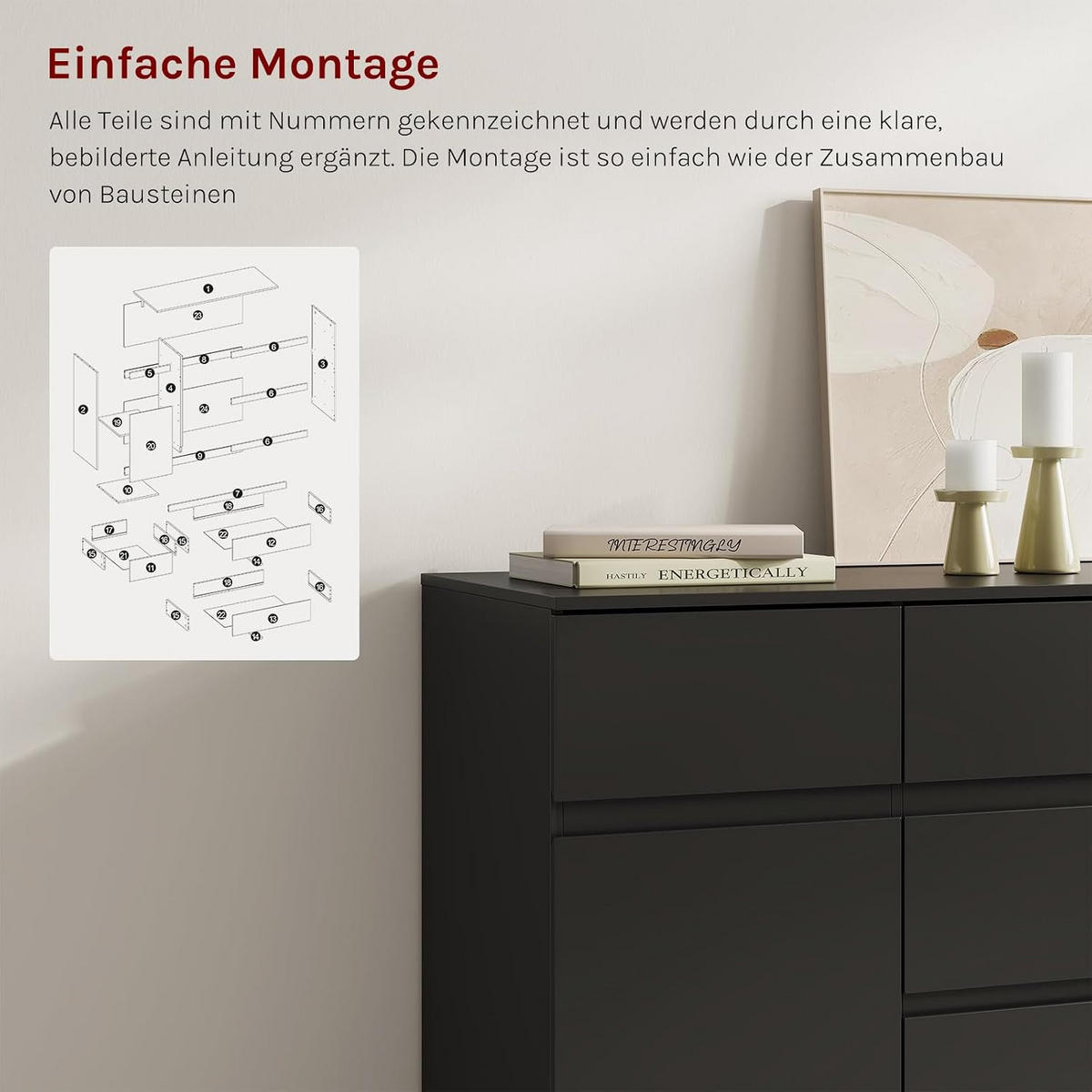 KOMMODE 5 Schubladen 100B x 40T x 80H cm Schwarz - Schwarz, Holzwerkstoff (100/80/40cm) - Woltu