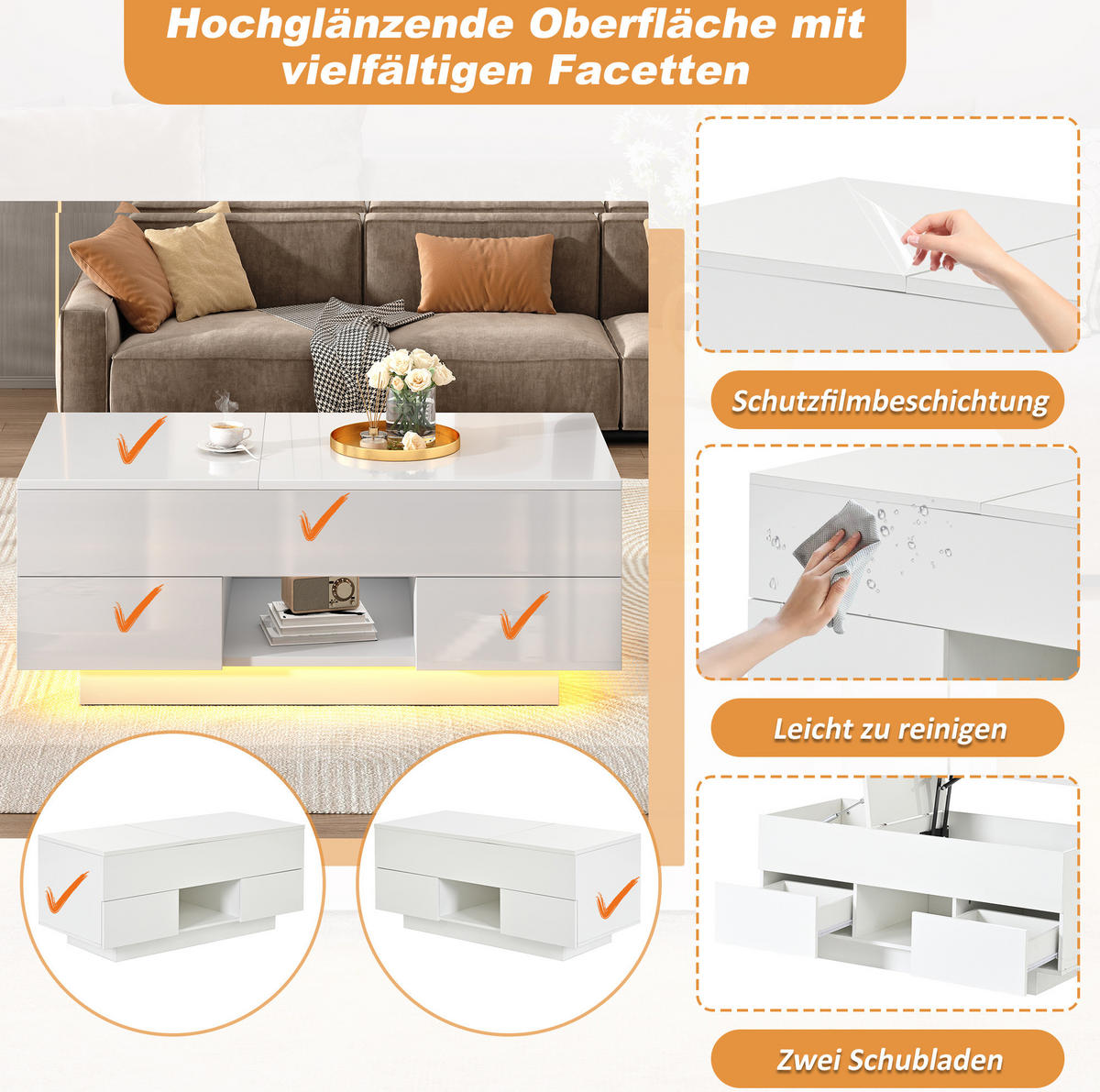 COUCHTISCH 100/45/43 cm Weiß aus Holzwerkstoff mit höhenverstellbarer Klappplatte LED und 2 Schubladen - Weiß, Holzwerkstoff (100/45/43cm) - OKWISH