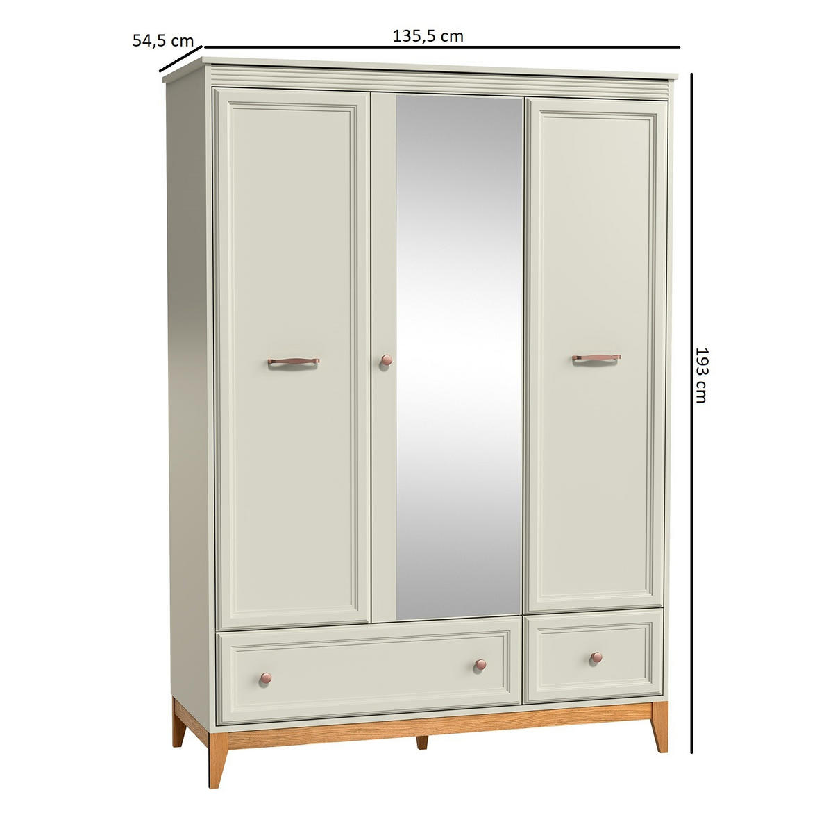 KLEIDERSCHRANK Windsor Kaschmir, Dreitürige mit Schubladen und Spiegel - Kaschmir, Holzwerkstoff (136/193/55cm) - Bettso