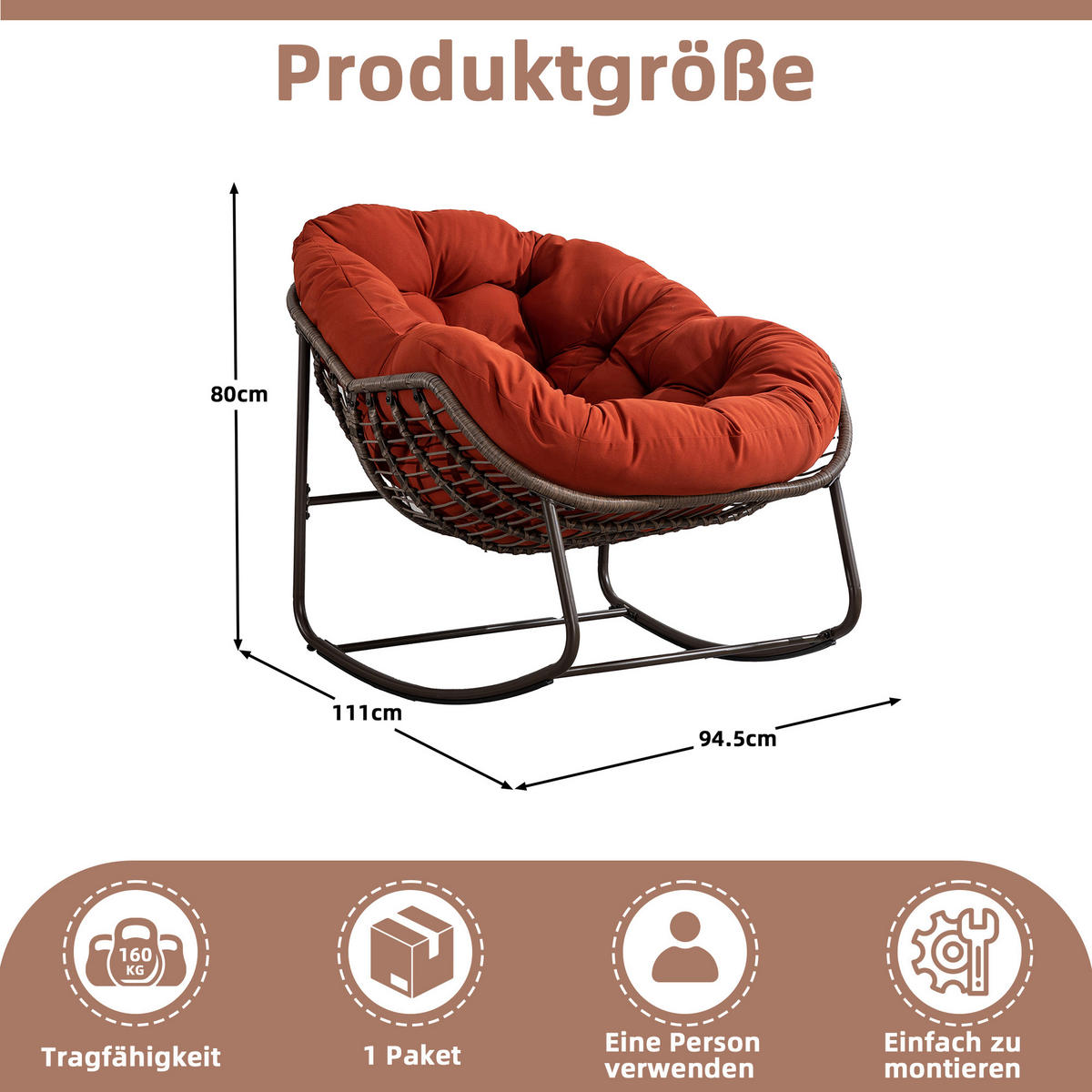 SCHAUKELSTUHL Schaukelsessel Garten,Rattanstuhl mit Stahlrahmen,Orange-Polyester - Orange, Metall (94.5/80/111cm) - LVHOM