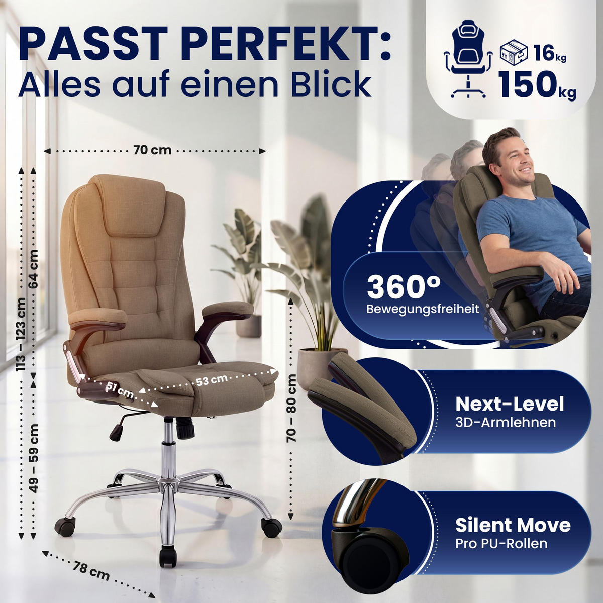 CHEFSESSEL Stoff Taupe - Taupe/Chromfarben, Textil/Metall (69.5/113/78cm) - CLP