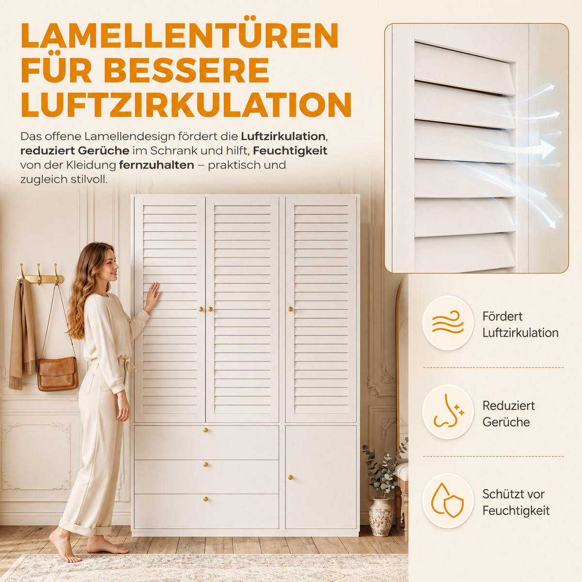 KLEIDERSCHRANK Weiß 3 Lamellentüren 3 Schubladen 2 Kleiderstangen Hosenhalter - Weiß, Holzwerkstoff (135/200/50cm) - Urban Meuble