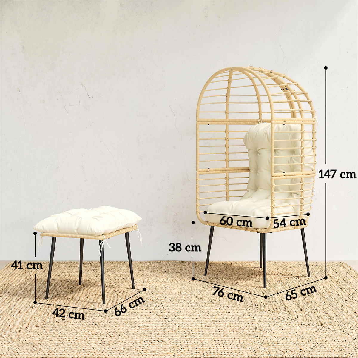 EIERSESSEL PE-Rattan Stahl Beige - Beige/Creme, Kunststoff/Textil (65/147/76cm) - Outsunny