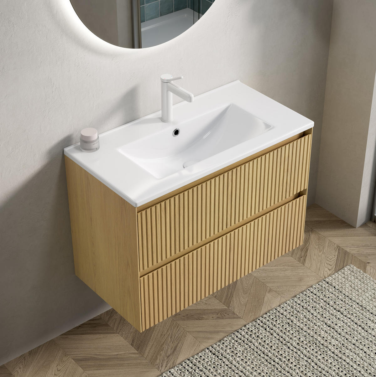 BADEZIMMERSCHRANK 75x39x51.5 cm Goldene Eiche & Weiß aus Keramik mit 2 Schubladen - Eichefarben, Keramik (75/51.5/39cm) - Modfu