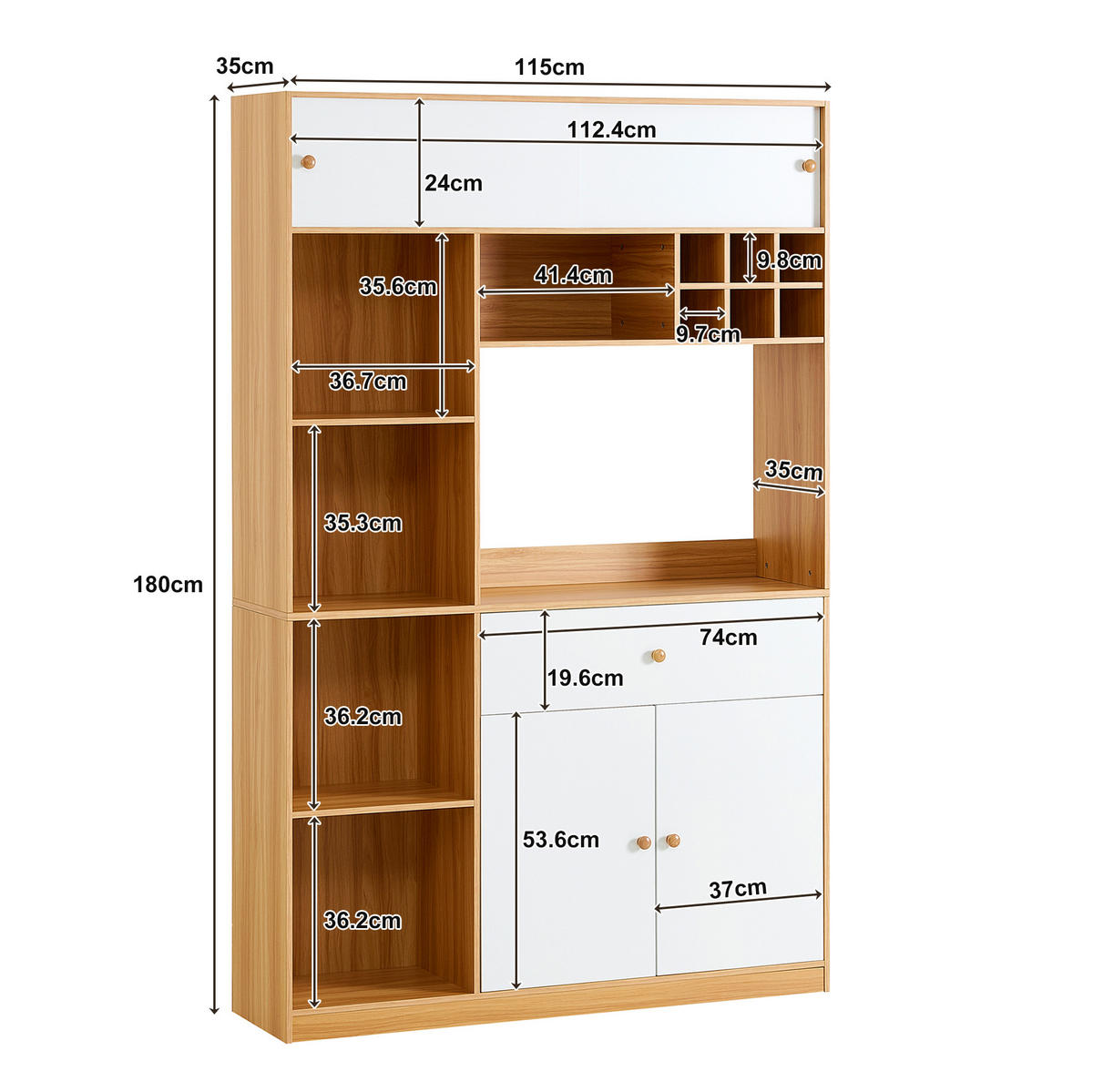 KÜCHENSCHRANK aus Spanplatte 115x35x180 cm Weiß/Natur mit LED-Beleuchtung und Stauraum - Weiß, Holzwerkstoff (115/180/35cm) - IVMEU