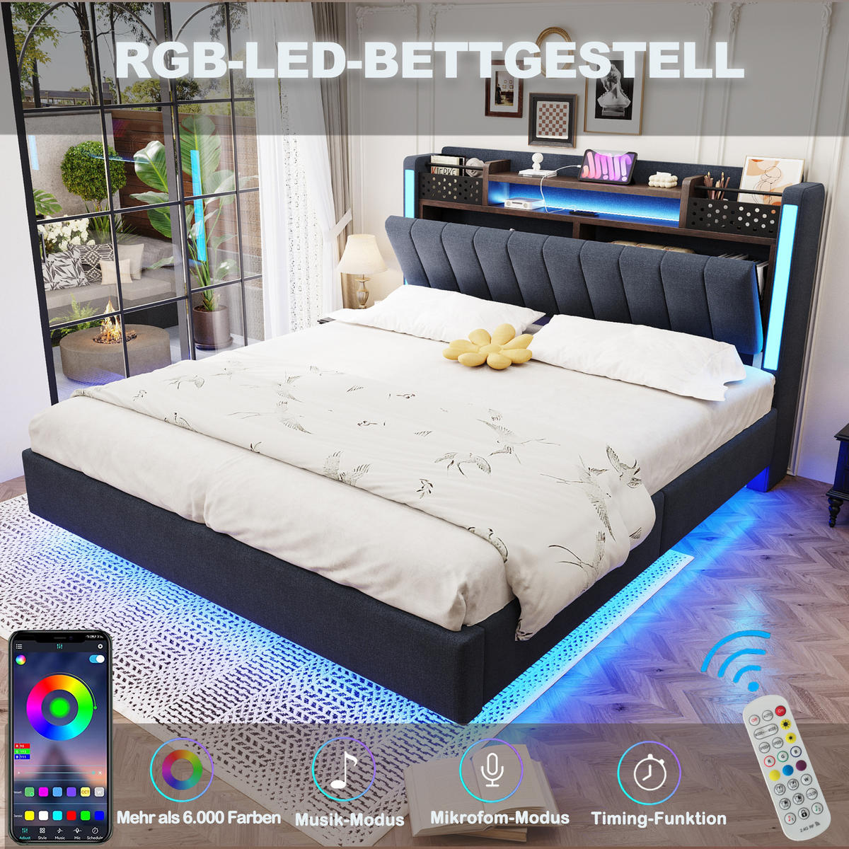POLSTERBETT 140x200 cm LED USB grau - Grau, Textil (140/200cm) - LEBENLANG