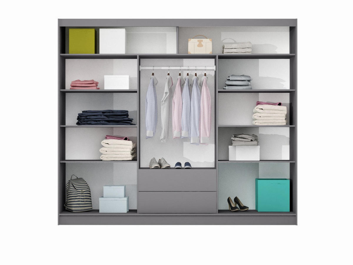 SCHWEBETÜRENSCHRANK RAKAN 250/215/61 cm 3-türig mit Spiegel Graphitfarben - Schwarz/Graphitfarben, Holzwerkstoff (250/215/61cm) - MASSENO