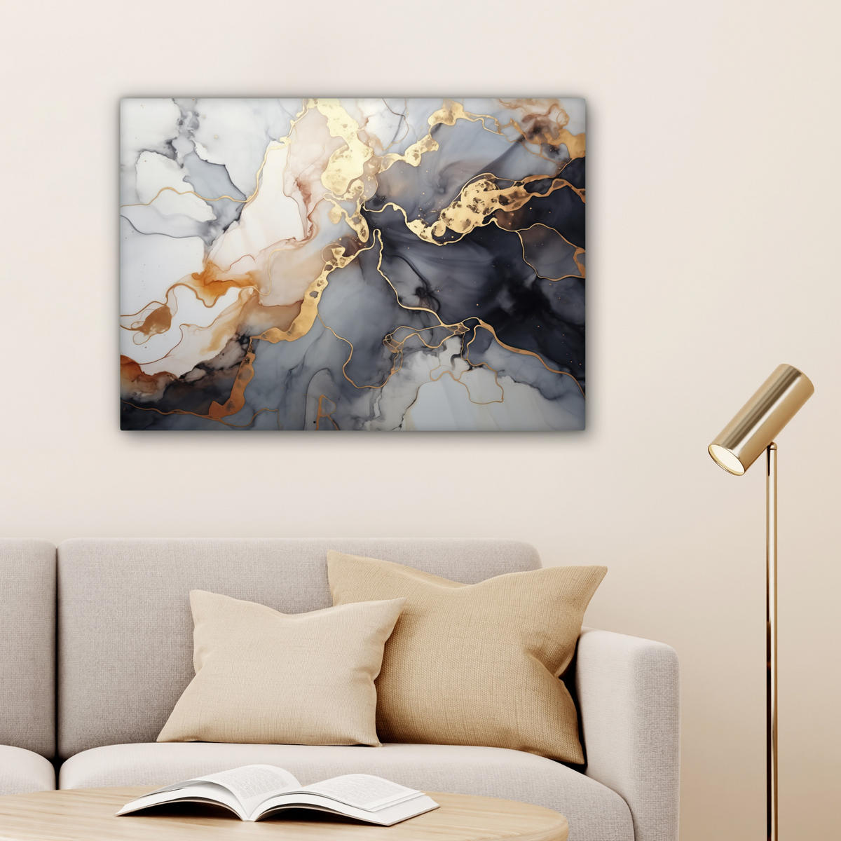 LEINWANDBILD Marmor - Schwarz - Gold - Weiß Wandbilder 80x60 cm - Dunkelgrau, Textil (80/60cm) - MuchoWow