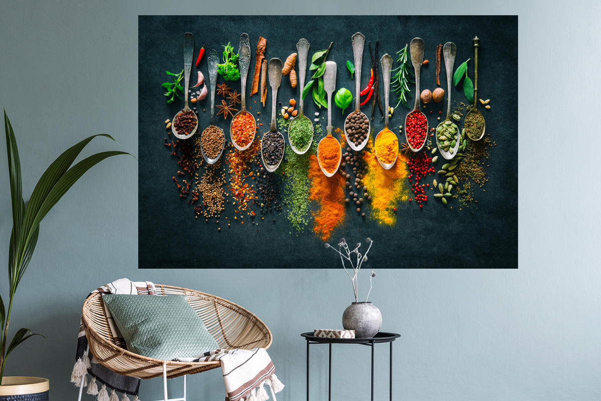 WANDTATTOO Kräuter - Gewürze - Löffel 120x80 cm - Currygelb, Kunststoff (120/80/0.1cm) - MuchoWow