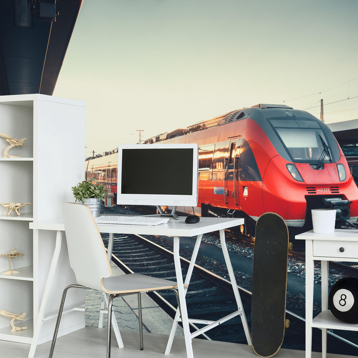 FOTOTAPETA Pre Obývaciu Izbu Moderný Červený Vlak Stanica Koľajnice 150 x 105 cm - hnedá/sivá, papier (150/105cm) - Muralo