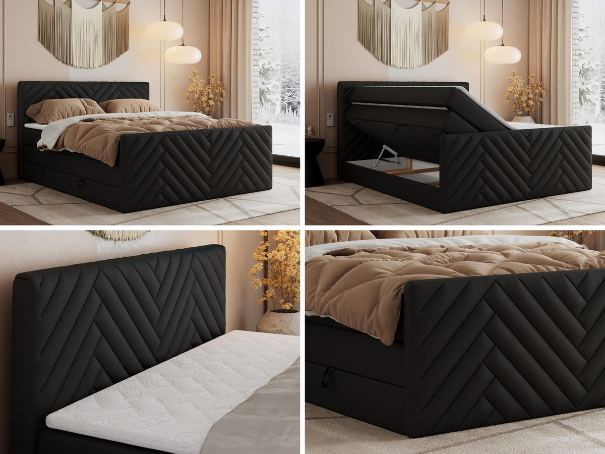 BOXSPRINGBETT PARIS KING DUO - 120/200 - Schwarz Kunstleder - H3 - Schwarz, Holz/Textil (120/200cm) - MKS