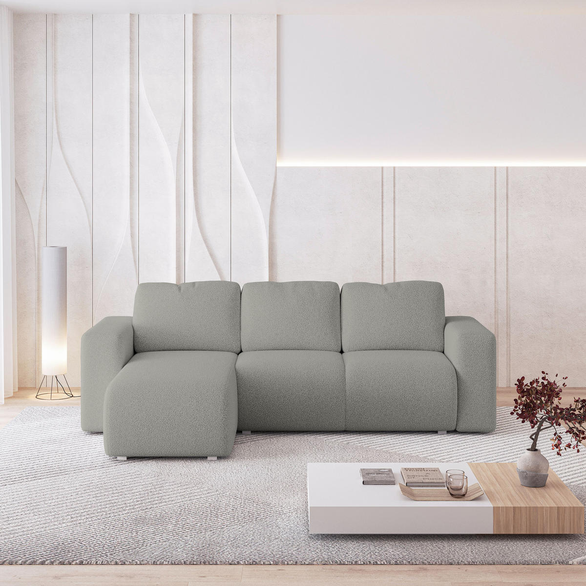 ECKSOFA RINOVA Hellgrau Boucle-Stoff mit Schlaffunktion - Hellgrau, Holz (250/143cm) - MASSENO