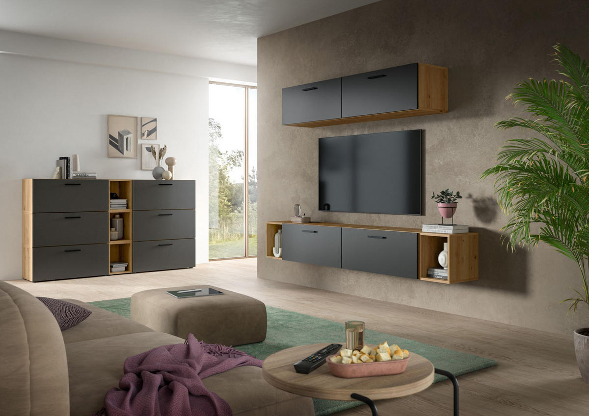 WOHNWAND The One Basalt grau 202/34/184 cm - Braun, Holzwerkstoff (202/184/34cm) - Xonox