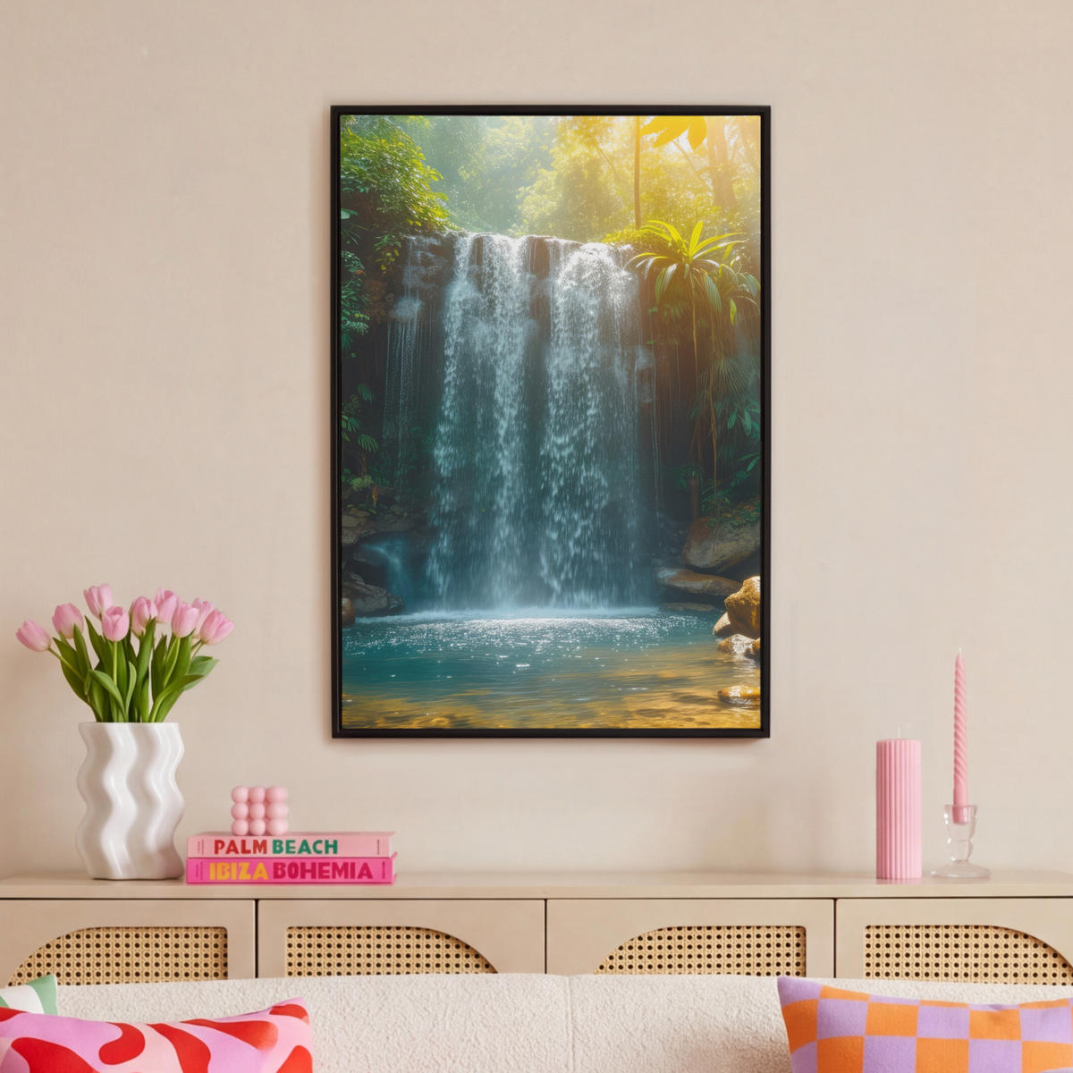LEINWAND Bilder mit Rahmen - Wasserfall - Dschungel - Sonne - Grün - Natur - 60x90 - Grün, Textil (60/90cm) - MuchoWow