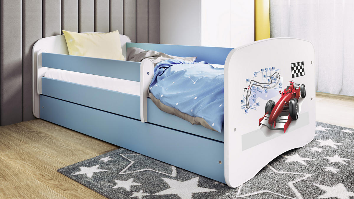 KINDERBETT Emily mit Schublade und Matratze, Blau 70x140 cm - Blau/Kirschrot, Holzwerkstoff (140/70cm) - WFL GROUP