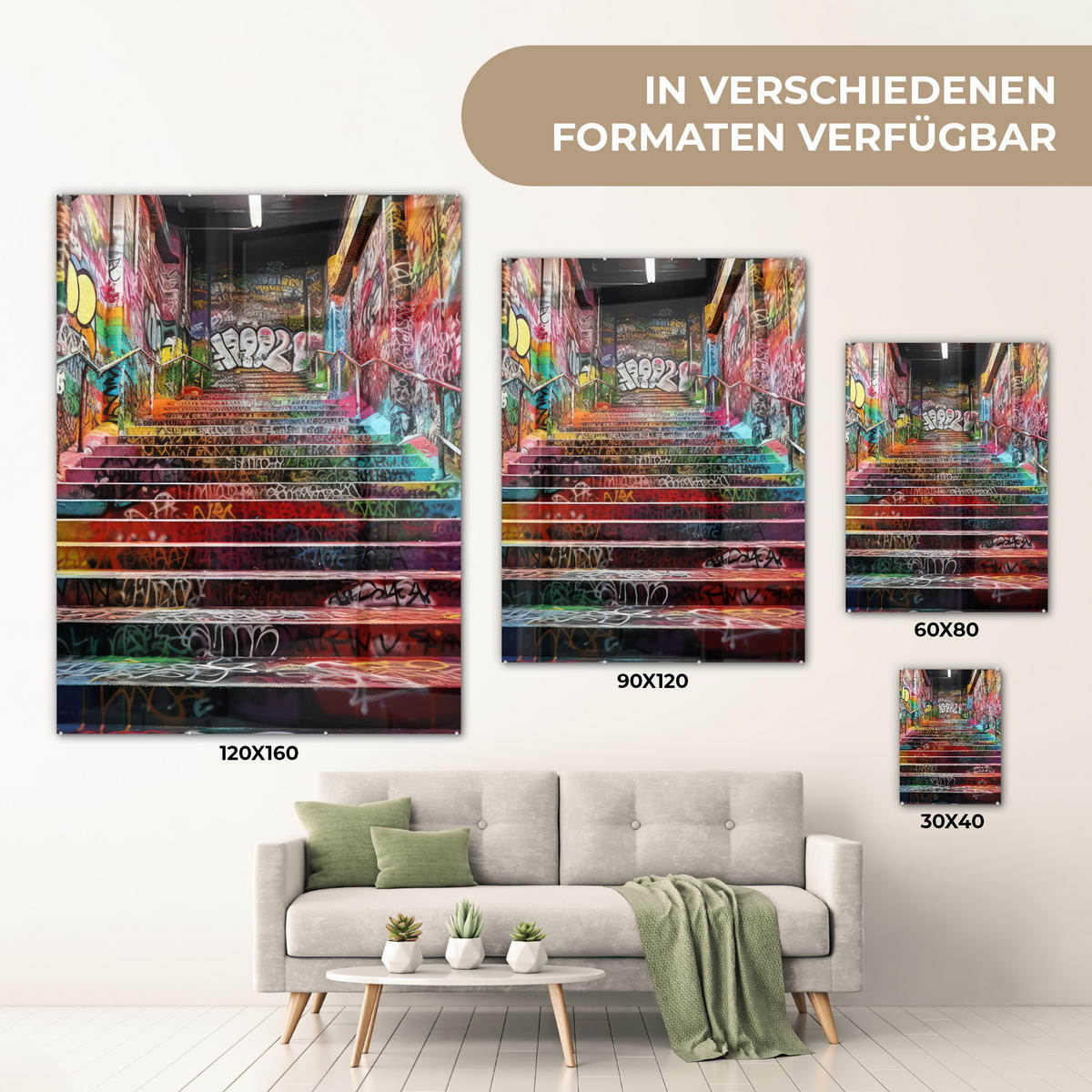 ACRYLGLASBILD Treppe - Graffiti - Farben - Kunst 60x80 cm - Multicolor, Glas (60/80cm) - MuchoWow