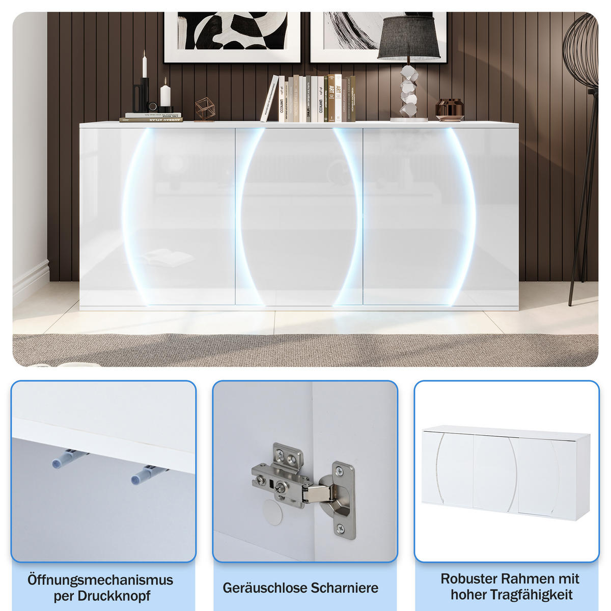 KUCHYŇSKÁ SKŘÍŇ bílá se 3 lesklými LED dvířky, úložná skříň z dřevotřísky, 150 × 40 × 70 cm - bílá, kov/kompozitní dřevo (150/70/40cm) - STILVORA