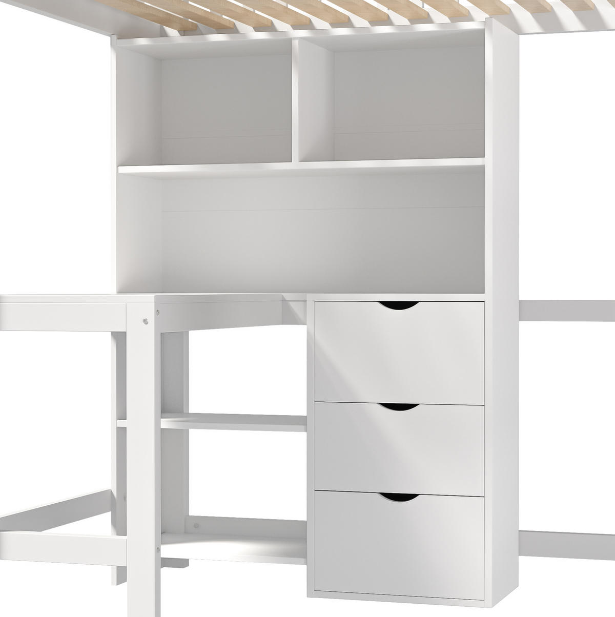 HOCHBETT mit Schreibtisch, 3 Schubladen, Weiß, 90/200 cm, ohne Matratze - Weiß, Holzwerkstoff (90/200cm) - MIVRAY