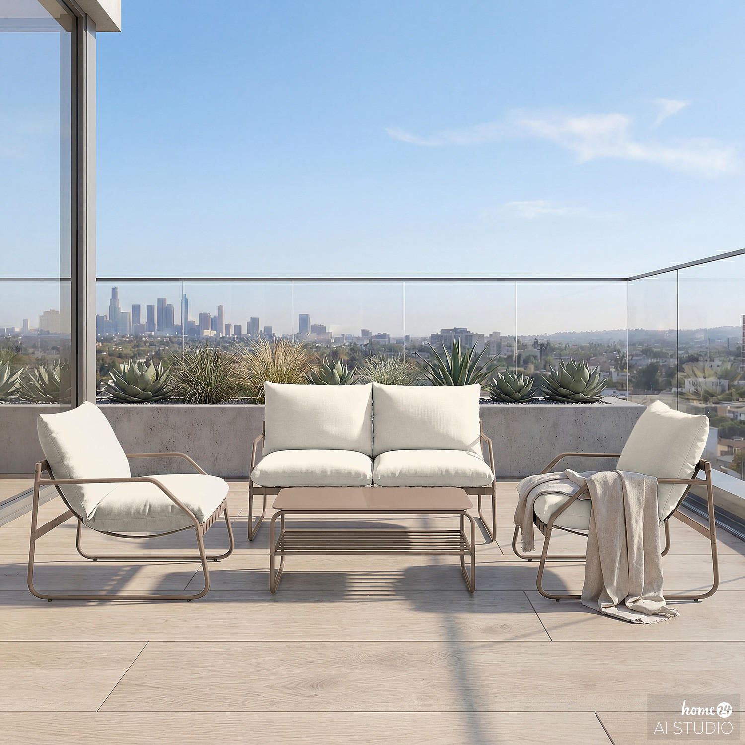 LOUNGEGRUPPE - 4-teilig - Stahl / Webstoff - Taupe, Glas/Textil - home24