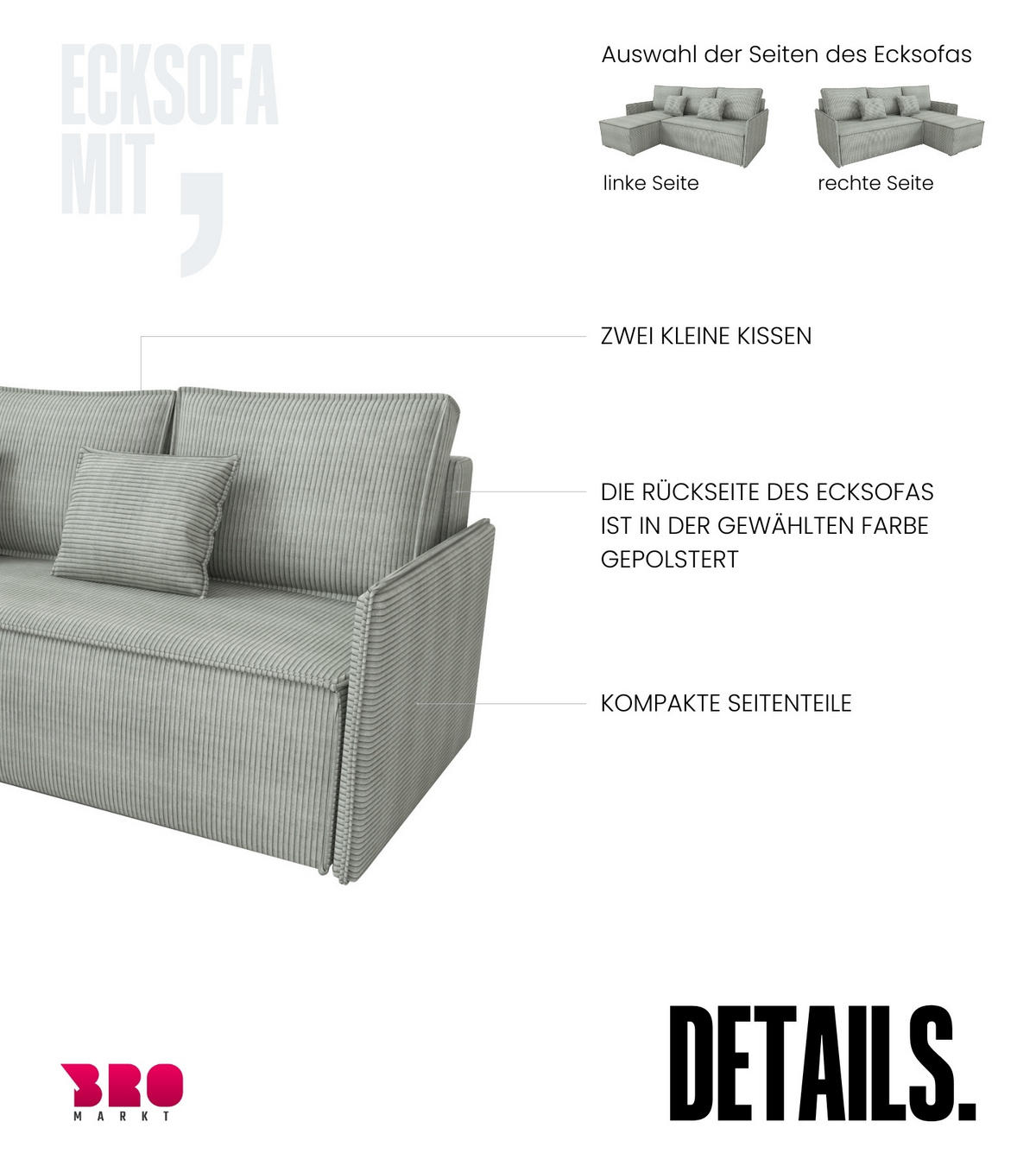 ECKSOFA Atlantic mit Schlaffunktion Grau Cord - Hellgrau, Textil (238/141cm) - Bromarkt